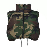 Fashionkova Street Women Camouflage Zipper Puffer Jacket Hollow Out Sleeve Camo Bubble Coats Stand Collar Collect Waist Parkas Down Jacket Valentine's Day Aesthetic