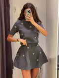 Fashionkova Jeweled Knitted Sweater Top Mini Skirt Set Studded Flower Gray Crew Neck Women Short Sleeve Knitwear Half Skirts Fall Winter New ootd outfit idea