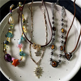 Fashionkova Gothic Star Love Heart Pendant Bead Leather Chain Necklace For Women Girls Handmade Multilayer Beaded Necklace Punk Jewelry Set
