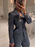 Fashionkova Elegant 3 Pieces Denim Blazer Long Pants Sets For Women Spring Single Breasted Suit Jacket Chic V-neck Vest Wide Leg Pants Suits ootd