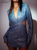 Fashionkova Valentine's Day Aesthetic Articat Sexy Glitter Shiny Women Blazer Dress Blue Long Sleeve Hollow Out Dress Female Autumn Skinny Elegant Party Clubwear 2022