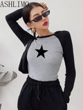 Fashionkova party look inspos Women T Shirts Star Top Pattern Print Casual Fashion Long Sleeve Crop Top Aesthetics T Shirts Patchwork Ladies Skinny Streetwear