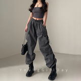 Fashionkova Party Outfit American Workwear Pants Women Loose Solid Elastic High Waist Drawstring Pockets Versatile Trend Sports Casual Wide Leg Trousers