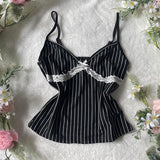 Fashionkova valentine's day aesthetic Stripe pattern bow decoration suspenders emo girls casual Y2K crop tops chic street hip hop retro harajuku lace trim women's top