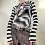 Fashionkova Party Outfit 90s Vintage E-girl Emo Clothes Striped long sleeved T-shirt Y2K Grunge Knitted Autumn Tees Harajuku stars graphical Tee Streetwe