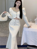 Fashionkova  party look inspos Elegant Two Piece Set Women Long Sleeves Short Coat + High Waist Mermaid Skirt Autumn Winter Solid Korean Style Patchwork Outfit