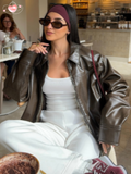 Fashionkova party look inspos Vintage Zipper Black Collar Women's Leather Jacket Fashion Quilted Long Sleeve Pocket Coat Female New Commute Office Streetwear