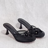 Fashionkova Summer mesh flower beads women slides sexy thin heel sandals ootd outfit idea