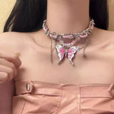 Fashionkova Goth Exaggerated Pink Butterfly Glass Heart Pendant Short Choker Chain Necklace Women Charms Rave Jewelry Y2K Scene Accessories