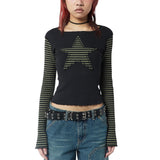 Fashionkova party look inspos Women Star Casual Shirt Y2k Gothic Tops Long Sleeve Crew Neck Star Stripes Vintage Aesthetic Slim Tops Fashion Grunge Streetwear