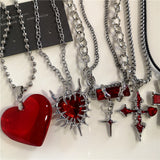Fashionkova Gothic Red Heart Thorns Cross Chains Necklace For Women Men Hip-Hop Personality Trendy Charm Grunge Punk Jewelry Y2k Accessories