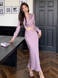 Fashionkova  party look inspos Autumn Korean Solid 2 Pieces Set Women Elegant V-Neck Long Sleeve Pleated Shirt Tops and High Waist A-Line Mermaid Skirt Suits