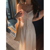 Fashionkova Fairy White Midi Dress Women Fashion Vacation Beach Spaghetti Strap Dresses Summer Korean V Neck Lace Up Bodycon A Line Vestidos ootd