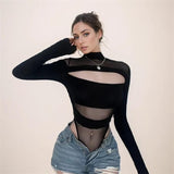 Fashionkova Party Outfit Sexy Hollow Bodysuit Women's Skinny Long Sleeved Perspective Mesh Tops Solid Color Fashion Jumpsuit Bottoming Black Y2k Clothes