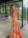 Fashionkova Halter Pleated Print Women Dresses Sleeveless Backless High Waist Lady Maxi Dress 2025 Spring A-line Holiday Beach Female Robes ootd