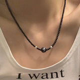 Fashionkova Goth Harajuku Black Lava Heart Wings Pendant Chain Black Beaded Necklace For Men Women Halloween Y2K 2000s Jewelry Accessories