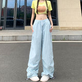 Fashionkova Party Outfit Rimocy High Waist Summer Cargo Pants Women Streetwear Drawstring Thin Parachute Pants Woman Solid Color Wide Leg Y2k Trouses