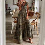 Fashionkova Valentine's Day Aesthetic Vintage Bohemian Print Pleated Skinny Waist Dresses Women Summer Wrap Sleeve Dress Female Comfortable Casual Large Hem Long Gown