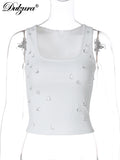Fashionkova Ribbed Sleeveless Crop Tank With Water Droplets Diamond Decorate Sexy Elegant Top Party Club Streetwear Spring Summer