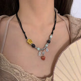 Fashionkova Melard Style Retro Beaded Butterfly Pendant Necklace for Women Colored Beads Bilayer Clavicle Sweater Chain Chokers Fine Jewelry