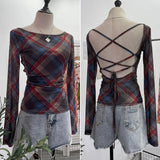 Fashionkova Women Retro Printed Slim See Through Mesh Top With Contrasting Straps Backless Long Sleeve Bottoming Cropped Top Y2K Streetwear