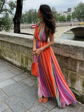 Fashionkova Halter Lace Up Rainbow Women Maxi Dress Sexy Sleeveless V-neck Backless Female Dresses High Waist Summer Mesh Corset Party Robes ootd