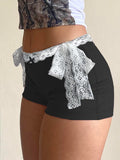 Fashionkova Patchwork Lace Bow Knot Shorts Simple Slim Fit High Fashion Women Black Mini Short Basic All-Match