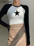 Fashionkova party look inspos Women T Shirts Star Top Pattern Print Casual Fashion Long Sleeve Crop Top Aesthetics T Shirts Patchwork Ladies Skinny Streetwear