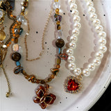 Fashionkova Punk Gold Bow Crystal Heart Chain Necklace Acrylic Beaded Pearl Necklace For Women Y2K Grunge Rave Scene EMO Accessories Jewelry