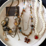 Fashionkova Punk Gold Bow Crystal Heart Chain Necklace Acrylic Beaded Pearl Necklace For Women Y2K Grunge Rave Scene EMO Accessories Jewelry