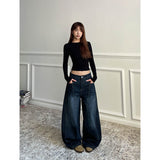 Fashionkova party outfit  Blue Women's Retro Y2K 2000s Wide Leg Baggy Casual Denim Trouser High Waist Loose Jeans 2024 Autumn Harajuku Full Length Pants