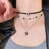 Fashionkova Y2K Multi Layer Black Peach Heart Star Pendant Chain Choker Necklace For Women Gothic Charm Aesthetic Grunge Jewelry Accessories