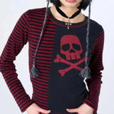 Fashionkova party look inspos Woman Gothic T-shirts y2k Skull Printed Striped Long Sleeve Slim Tops Woman Clothing Streetwear