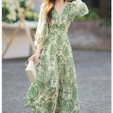 Fashionkova Women's Vintage Floral Print V-Neck Dress Female One-Piece Clothes French Lady A-Line Elegant Chic Maxi Dresses New 2023 Outfit Ideas