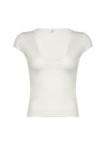 Fashionkova Sweetown White Solid Lace Trim V Neck Slim Basic Short Sleeve T Shirt Women Elegant Fashion Sexy Korean Tees