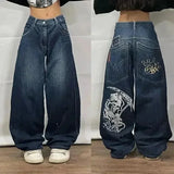 Fashionkova American Y2K New Fashion Pattern Embroidery Loose Jeans Men Street Casual Joker Mopping Oversized Wide-leg Pants Couple Jeans Casual Outfit