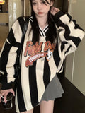 Fashionkova  Party Outfit  QWEEK Y2k Coquette Oversize American Retro Stripe Hoodies Women 2024 Fashion Korean Kpop Streetwear Letter Print Sweatshirtr