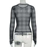 Fashionkova party look inspos Vintage Plaid T-shirts O-neck Long Sleeve Women Tees Casual Slim Fit Tops Fashion All-match Concise Outfits Autumn Chic