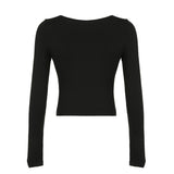 Fashionkova Valentine's Day Aesthetic Autumn New Women T-shirt Sexy Black Folds V-Neck Low Chest Bodycon Tees Streetwear Fashion Long Sleeves Casual Slim Female Tees