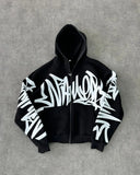 Fashionkova High Street Harajuku Retro Letter Graffiti Print Zipper Hoodie Men Y2k Gothic Hip Hop Punk Casual Oversized Sweatshirt Women
