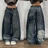 Fashionkova American Y2K New Fashion Pattern Embroidery Loose Jeans Men Street Casual Joker Mopping Oversized Wide-leg Pants Couple Jeans Casual Outfit