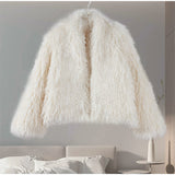 Fashionkova Elegant Solid Color Thick Faux Fur Coats Women Round Neck Long Sleeve Short Warm Jacket 2024 Winter New High Street Lady Outwear ootd