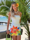 Fashionkova Valentine's Day Aesthetic Woman Clothes Floral Print Sleeveless Mini Dress Y2K Streetwear Fashion Casual Strapless Backless Slim Beach Holiday Dresses