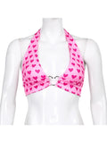 Fashionkova Pink Heart Print Cute Bustier Crop Top Women Aesthetic Kawaii Clothes Sleeveless Backless Lace Up Bralette Camisole