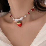 Fashionkova Korean Cute Red Strawberry Pendant Collar Necklace Gothic Y2K Heart Shaped Imitation Pearl Chain Choker Trend Jewelry