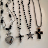 Fashionkova Gothic Y2K Peach Heart Star Cross Pendant Black Beaded Chain Short Choker Necklace For Women Charms Goth Jewelry EMO Accessories