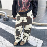 Fashionkova  Party Outfit  Women's Cow Patterned Printed Casual Pants High Waisted Straight Vintage 90s Streetwear Female Casual Loose Tie Dye Trouser