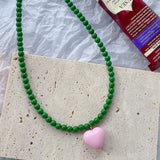 Fashionkova Kpop Pink Love Heart Pendant Green Beaded Choker Necklace For Women Aesthetic Vintage Jewely Accessory