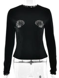 Fashionkova Sibybo Fashion Rhinestone Slim Crop Tops Women 2025 Spring Round Neck Long Sleeve Casual T-shirts Female Streetwear Basics Top Casual Outfit