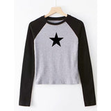 Fashionkova party look inspos Women T Shirts Star Top Pattern Print Casual Fashion Long Sleeve Crop Top Aesthetics T Shirts Patchwork Ladies Skinny Streetwear